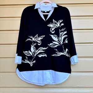 Chicos layered sweater black white size medium collared shirt floral print